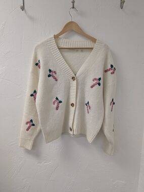 Uncharted Threads Candy Cane Cardigan Sweater Ivory Pink Green Size S Christmas